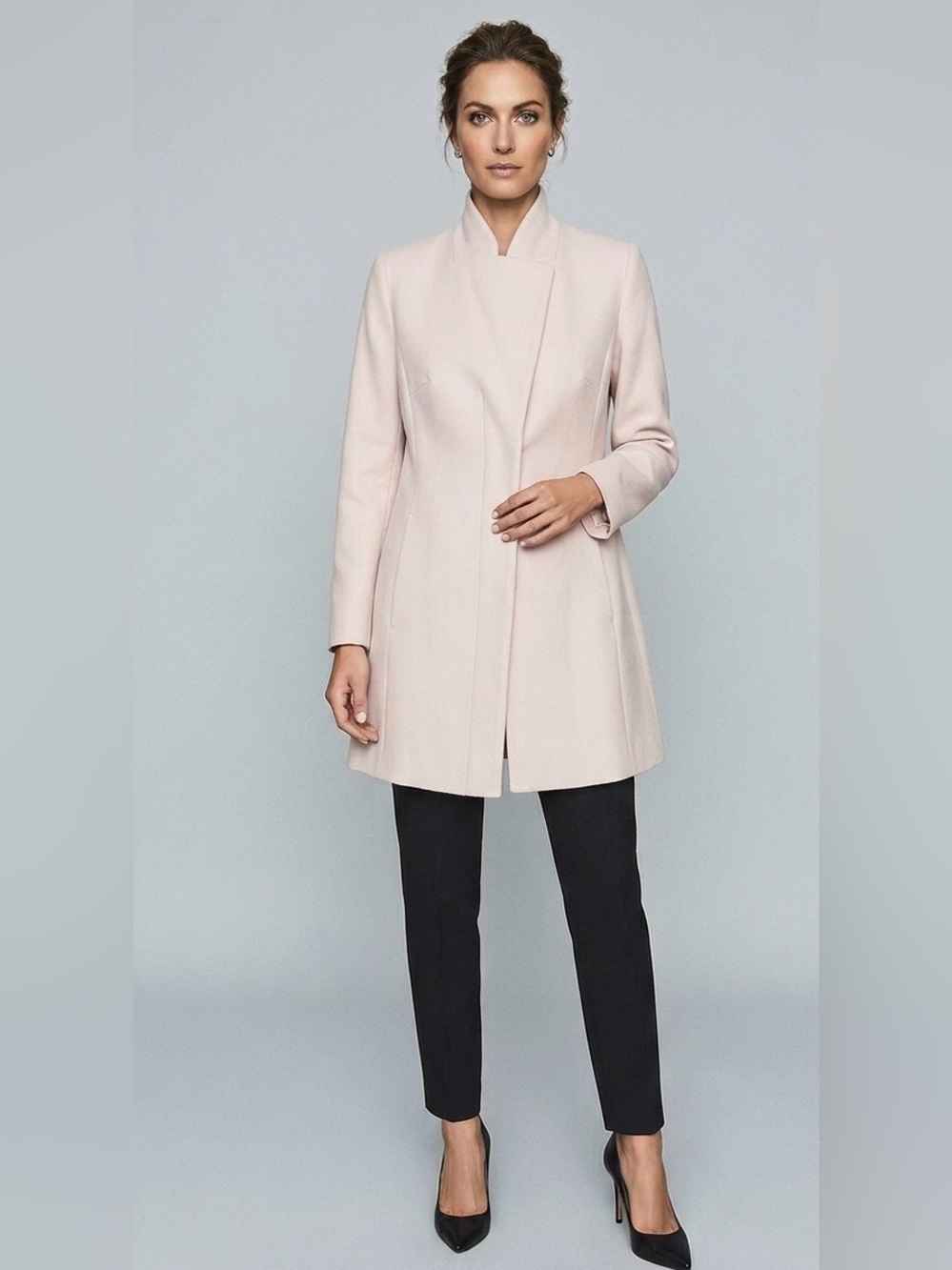 REISS Regale Blush Pink Mandarin Collar Longline Coat Tailored Asymmetric Jacket
